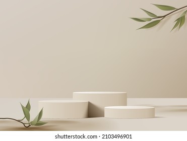Los productos de fondo 3d muestran escenas de podio con plataforma geométrica de hojas de palma  representación 3d del vector de fondo con podio  se puede mostrar el producto cosmético  Escaparate en un estudio peatonal de color beige