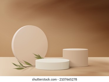 3d background products display podium scene with geometric platform. background vector 3d rendering with podium. stand to show cosmetic products. Stage showcase on pedestal display brown studio