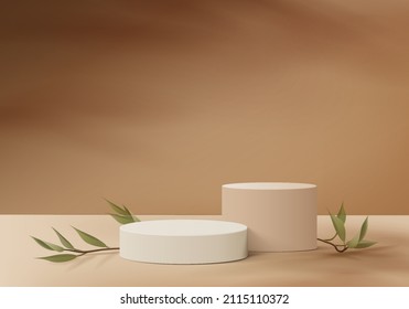 3d background products display podium scene with geometric platform. background vector 3d rendering with podium. stand to show cosmetic products. Stage showcase on pedestal display brown studio