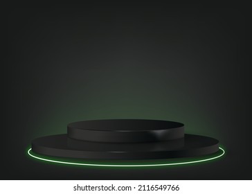 Los productos de fondo 3d muestran la escena del podio con neón. representación 3d del vector de fondo con podio. se puede mostrar productos cosméticos. Muestra de escenario en el fondo azul de la pantalla peatonal