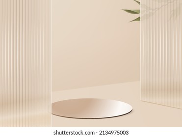 3d background products display podium scene and palm leaf geometric platform  background vector 3d render and podium  stand to show cosmetic product  Stage showcase pedestal display beige studio