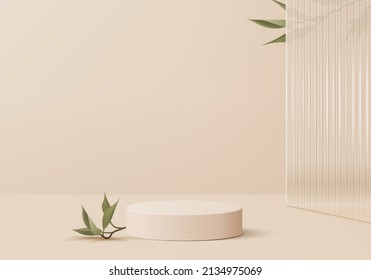 Los productos de fondo 3d muestran escenas de podio con plataforma geométrica de hojas de palma  representación 3d del vector de fondo con podio  se puede mostrar el producto cosmético  Escaparate en un estudio peatonal de color beige