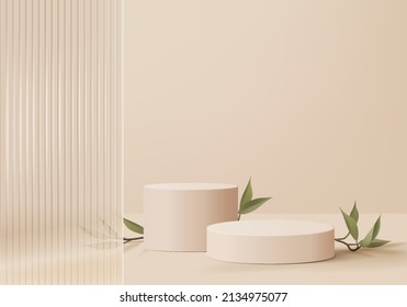 3d background products display podium scene with palm leaf geometric platform. background vector 3d render with podium. stand to show cosmetic product. Stage showcase on pedestal display beige studio