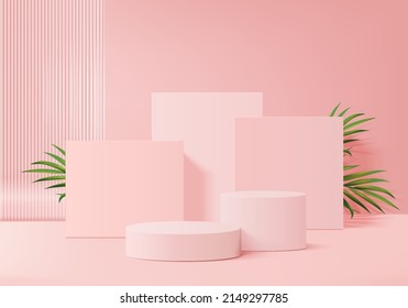 3d background products display podium scene and green leaf geometric platform  background vector 3d render and podium  stand to show cosmetic product  Stage showcase pedestal display pink studio