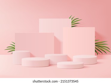 3d background products display podium scene with green leaf geometric platform. background vector 3d render with podium. stand to show cosmetic product. Stage showcase on pedestal display pink studio