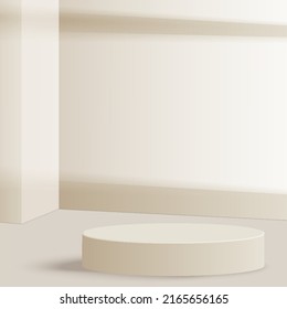 3D-Hintergrundprodukte zeigen Podium mit Plattform. Hintergrund, Vektorgrafik 3D mit Podium. stehen, um kosmetisches Mittel auf Podium 3d zu zeigen. Studioaufnahme auf dem Sockel, beiger Hintergrund