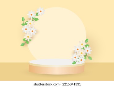 Los productos de fondo 3d muestran escenas de podio con camomilas realistas y flores blancas. fondo 3d podio de representación. soporte mostrar el fondo 3d del producto cosmético.