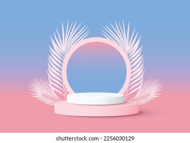 3d background products display podium scene with palm leaf geometric platform. background vector 3d render with podium. stand to show cosmetic products. Stage showcase display pink blue studio 