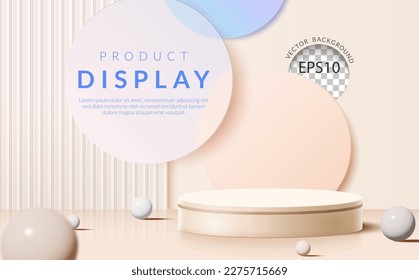 3d background products display podium scene with circle glass floating overlap backdrop. Minimal scene for cosmetic product display stage showcase, promotion display. Vector illustration