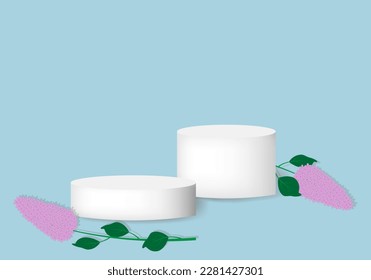 3d background products display podium with platform. White and blue geometric platform with circle overlap backdrop, cosmetic product on podium 3d, lilac flowers. EPS10 vector.