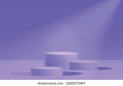 3d background products display podium scene with cylinder platform with spotlight. Stand to show cosmetic product vector mock up. Violet podium isolated on violet background