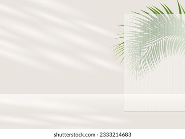 Los productos de fondo 3d muestran escenas de podio con plataforma geométrica de hojas de palma. representación 3d del vector de fondo beige con podio. se puede mostrar el producto cosmético. 