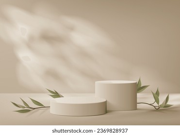 3d background products display podium scene with palm leaf geometric platform. background vector 3d render with podium. stand to show cosmetic product. Stage showcase on pedestal display beige studio