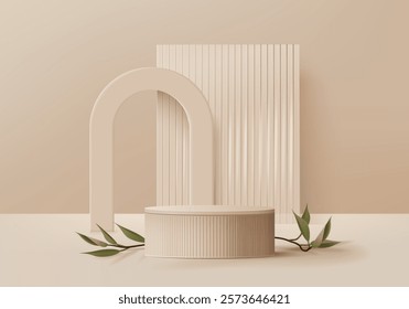 3d background products display podium scene with geometric platform. background vector 3d rendering with podium. stand to show cosmetic products. Stage showcase on pedestal display beige studio