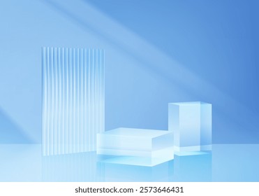 3d background products display podium scene with geometric platform. stand to show cosmetic products. Stage glass showcase on pedestal display blue studio. 3d glass podium vector render illustration