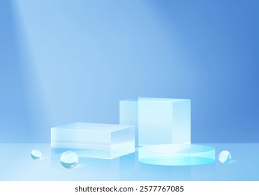 3d background products display podium scene with geometric platform. stand to show cosmetic products. Stage glass showcase on pedestal display blue studio. 3d glass podium vector render illustration