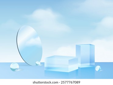 3d background products display podium scene with geometric platform. stand to show cosmetic products. Stage glass showcase on pedestal display blue studio. 3d glass podium vector render illustration