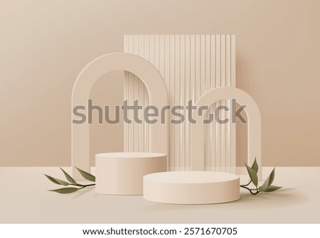 3d background products display podium scene with geometric platform. background vector 3d rendering with podium. stand to show cosmetic products. Stage showcase on pedestal display beige studio