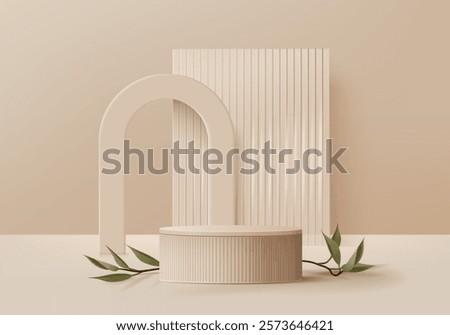 3d background products display podium scene with geometric platform. background vector 3d rendering with podium. stand to show cosmetic products. Stage showcase on pedestal display beige studio