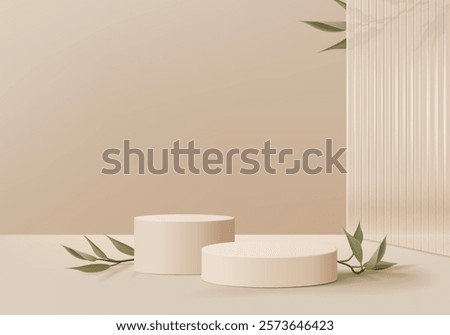 3d background products display podium scene with geometric platform. background vector 3d rendering with podium. stand to show cosmetic products. Stage showcase on pedestal display beige studio