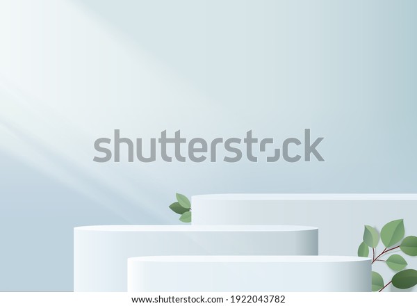 3d background products display podium scene with\
palm leaf summer platform. product background vector 3d render with\
podium. stand to show cosmetic products. Stage table on pedestal\
display blue dais