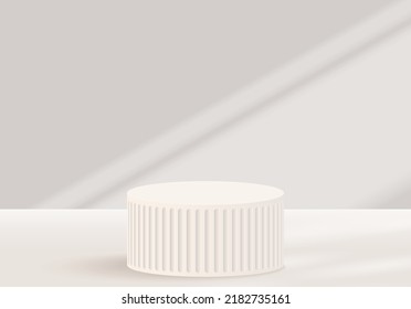 3d background products display scene with sunlight. background vector 3d rendering with podium. stand to show cosmetic products. Stage showcase on pedestal display beige studio