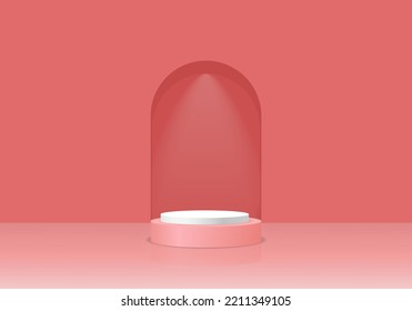 Los productos de fondo 3d tienen esferas rojas y blancas redondeadas encima para mostrar los productos. El fondo es una forma curva. El soporte de producto tiene una linterna que baja. Énfasis en la elegancia