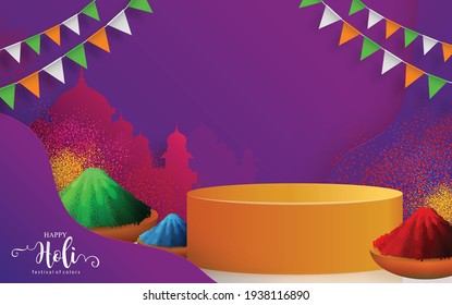 3d Background products for Holi Festival podium in vector 3d with cylinder circle podium stand to show cosmetic product with Colorful gulaal (powder color). on paper color Background.

