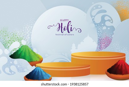 3d Background products for Holi Festival podium in vector 3d with cylinder circle podium stand to show cosmetic product with Colorful gulaal (powder color). on paper color Background.
