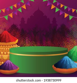 3d Background products for Holi Festival podium in vector 3d with cylinder circle podium stand to show cosmetic product with Colorful gulaal (powder color). on paper color Background.
