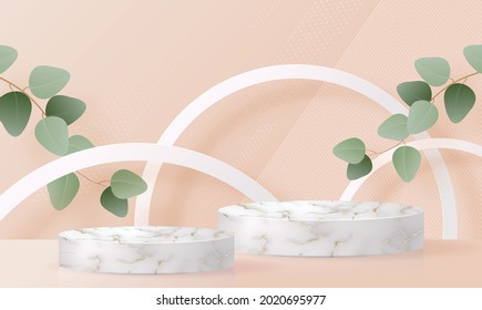 3d Background products marble podium with Eucalyptus leaves in love platform. background vector 3d with cylinder. podium stand to show cosmetic product with craft style.