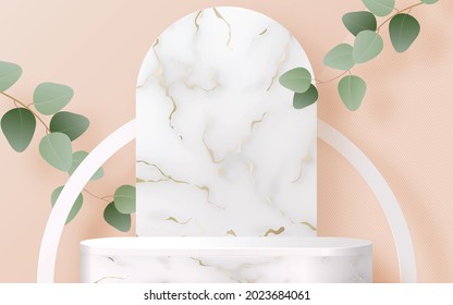 3d Background products marble podium with Eucalyptus leaves in love platform. background vector 3d with cylinder. podium stand to show cosmetic product with craft style.