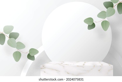 3D-Background-Produkte Marmor-Podium mit Eucalyptus Blättern in der Lieblingsplattform. Hintergrund, Vektor 3d mit Zylinder. Podiumständer, um Kosmetikprodukte mit handwerklichem Stil zu zeigen.