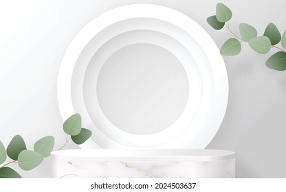 3d Background products marble podium with Eucalyptus leaves in love platform. background vector 3d with cylinder. podium stand to show cosmetic product with craft style.