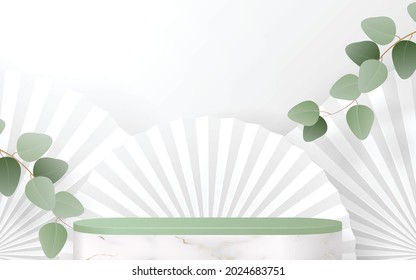 3d Background products marble podium with Eucalyptus leaves in love platform. background vector 3d with cylinder. podium stand to show cosmetic product with craft style.