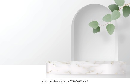 3d Background products marble podium with Eucalyptus leaves in love platform. background vector 3d with cylinder. podium stand to show cosmetic product with craft style.