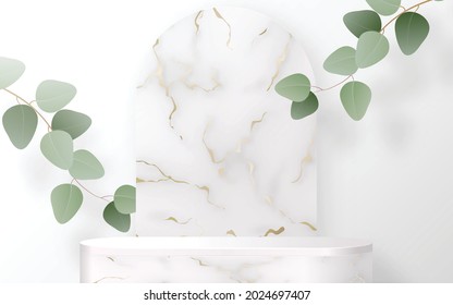 3d Background products marble podium with Eucalyptus leaves in love platform. background vector 3d with cylinder. podium stand to show cosmetic product with craft style.