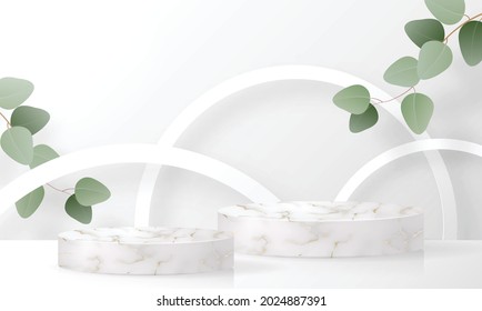 3 d Productos de fondo podio de mármol con hojas de eucalipto en plataforma de amor. vector de fondo 3d con cilindro. base de podio para mostrar productos cosméticos con estilo artesanal.