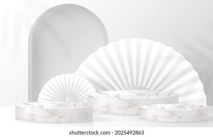 3D-Background-Produkte Marmor-Podium mit Eucalyptus Blättern in der Lieblingsplattform. Hintergrund, Vektor 3d mit Zylinder. Podiumständer, um Kosmetikprodukte mit handwerklichem Stil zu zeigen.