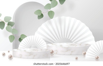 3d Background products marble podium with Eucalyptus leaves in love platform. background vector 3d with cylinder. podium stand to show cosmetic product with craft style.