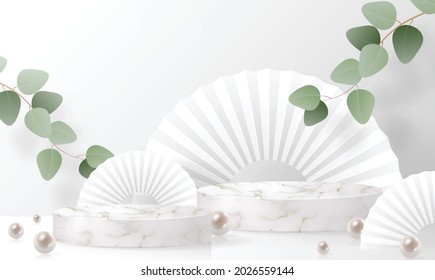 3d Background products marble podium with Eucalyptus leaves in love platform. background vector 3d with cylinder. podium stand to show cosmetic product with craft style.