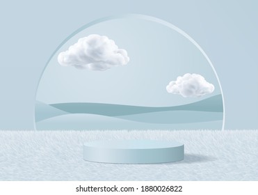 3d background products minimal podium scene with cloud platform. background vector 3d rendering with podium. stand to show cosmetic products. Stage showcase on platform products shapes geometric