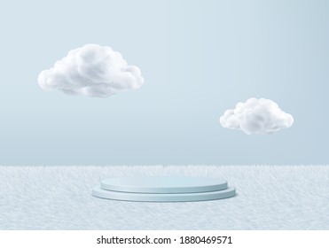 3d background products minimal podium scene with sky cloud platform. cloud background vector 3d render with podium. stand to cosmetic products. Stage 3d display on pedestal cosmetic stand blue cloud