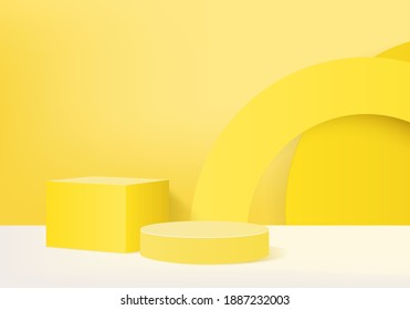 3d background products minimal podium scene with geometric platform. background vector 3d rendering with podium. stand to show cosmetic products. Stage showcase on pedestal modern studio yellow pastel