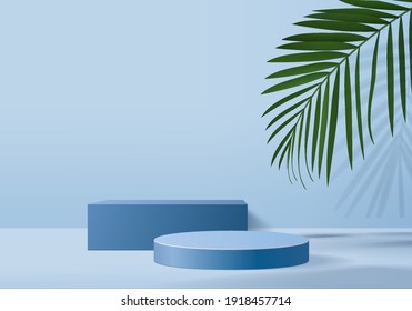 3d background products minimal podium scene with leaf geometric platform. background vector 3d rendering with podium. stand to show cosmetic product. Stage showcase on pedestal modern studio dark blue