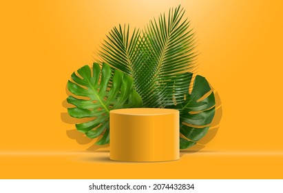 3d background products minimal podium of fresh orange color with tropical leaf. stand to show cosmetic products 3d of vector illustrator. Stage showcase on pedestal studio fresh orange podium