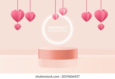 3d Background products. Platform for gift for Valentine Day. Composition of luminous ring and hearts. Podium stand to show cosmetic product. Realistic vector illustration for presentation and awarding