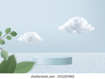 3d background products podium with clouds platform. background vector 3d render with leaf nature podium. blue sky display 3d show cosmetic product platform. Stage product on pedestal blue cloud nature