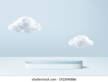 3d background products podium scene with cloud platform. background vector 3d rendering with podium. display stand to show cosmetic products. cloud stage showcase on pedestal display blue studio