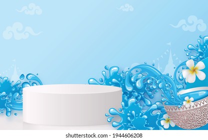 3d Background products for Songkran Festival podium in vector 3d with cylinder circle podium stand to show cosmetic product with Blue water splash,thai architecture. ( Translation thai : Songkran )
